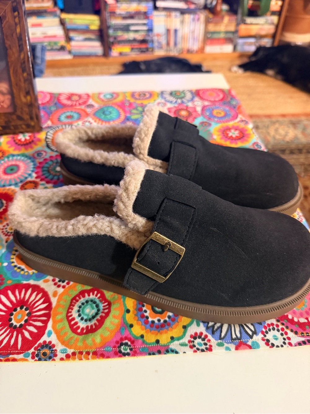Black Faux-Suede Slip-On Clogs with Shearling Lining